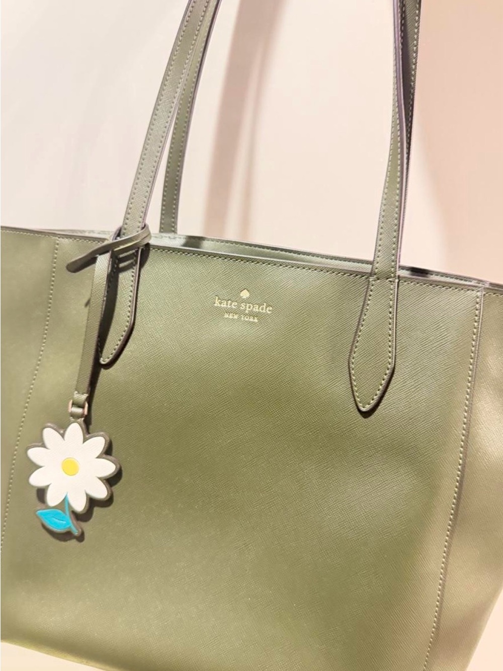kate spade olive green saffiano leather tote with daisy charm